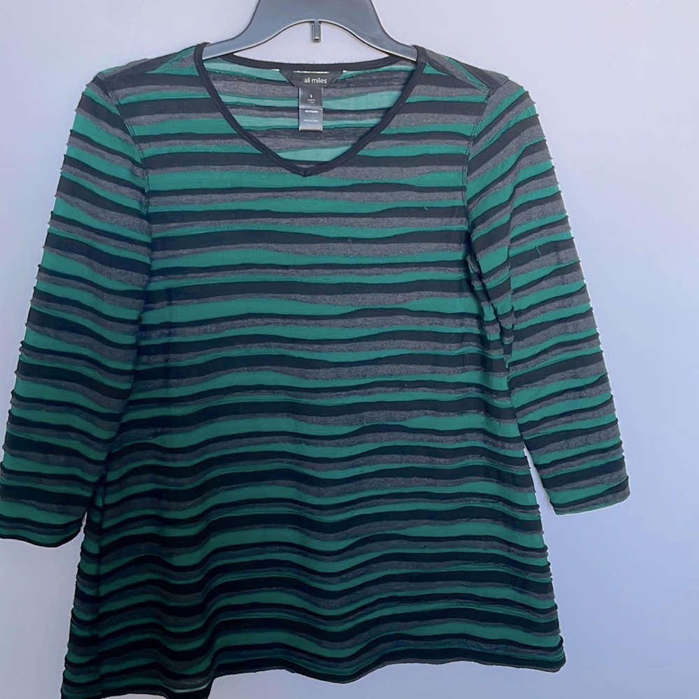 Ali Miles green, black & gray stripe pullover tunic top GUC